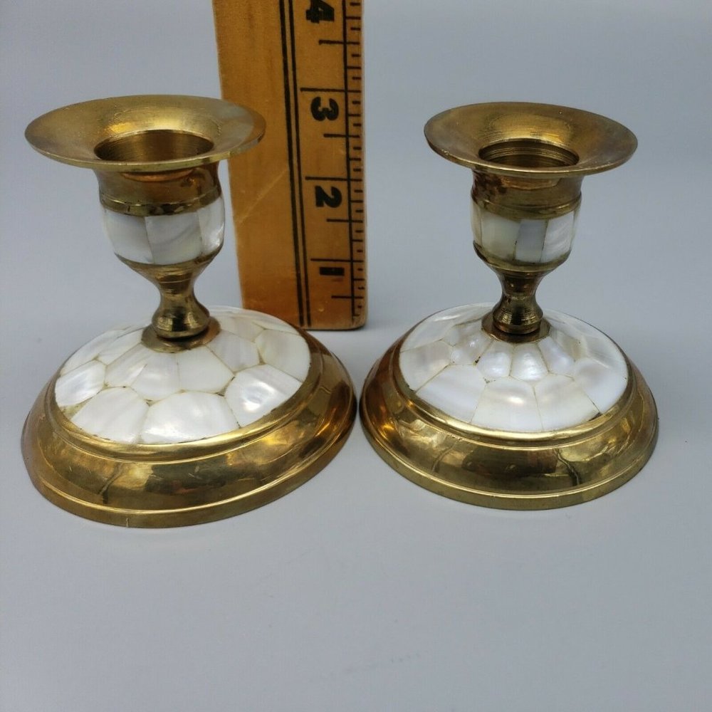 Brass Pearl Inlay Candlestick Holders 3" made in India pair set of 2
